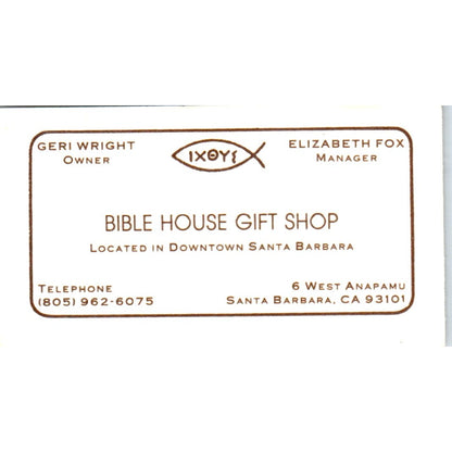 Geri Wright Bible House Gift Shop Santa Barbara CA Vintage Business Card SD8-B4