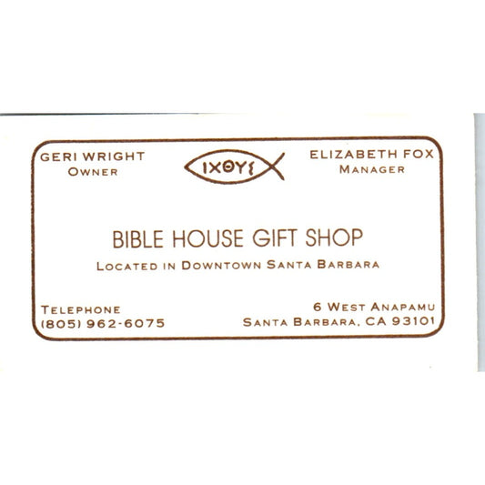 Geri Wright Bible House Gift Shop Santa Barbara CA Vintage Business Card SD8-B4