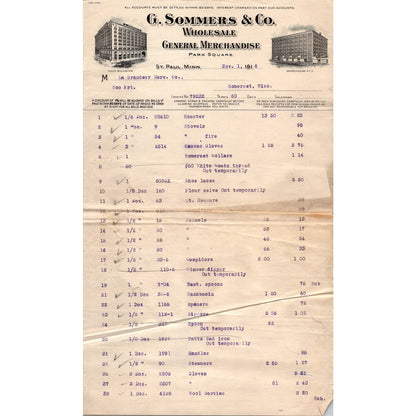 G. Sommers & Co General Merchandise St. Paul MN 1916 Billhead 2 Pages B1