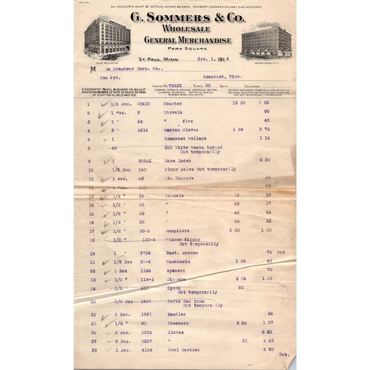 G. Sommers & Co General Merchandise St. Paul MN 1916 Billhead 2 Pages B1