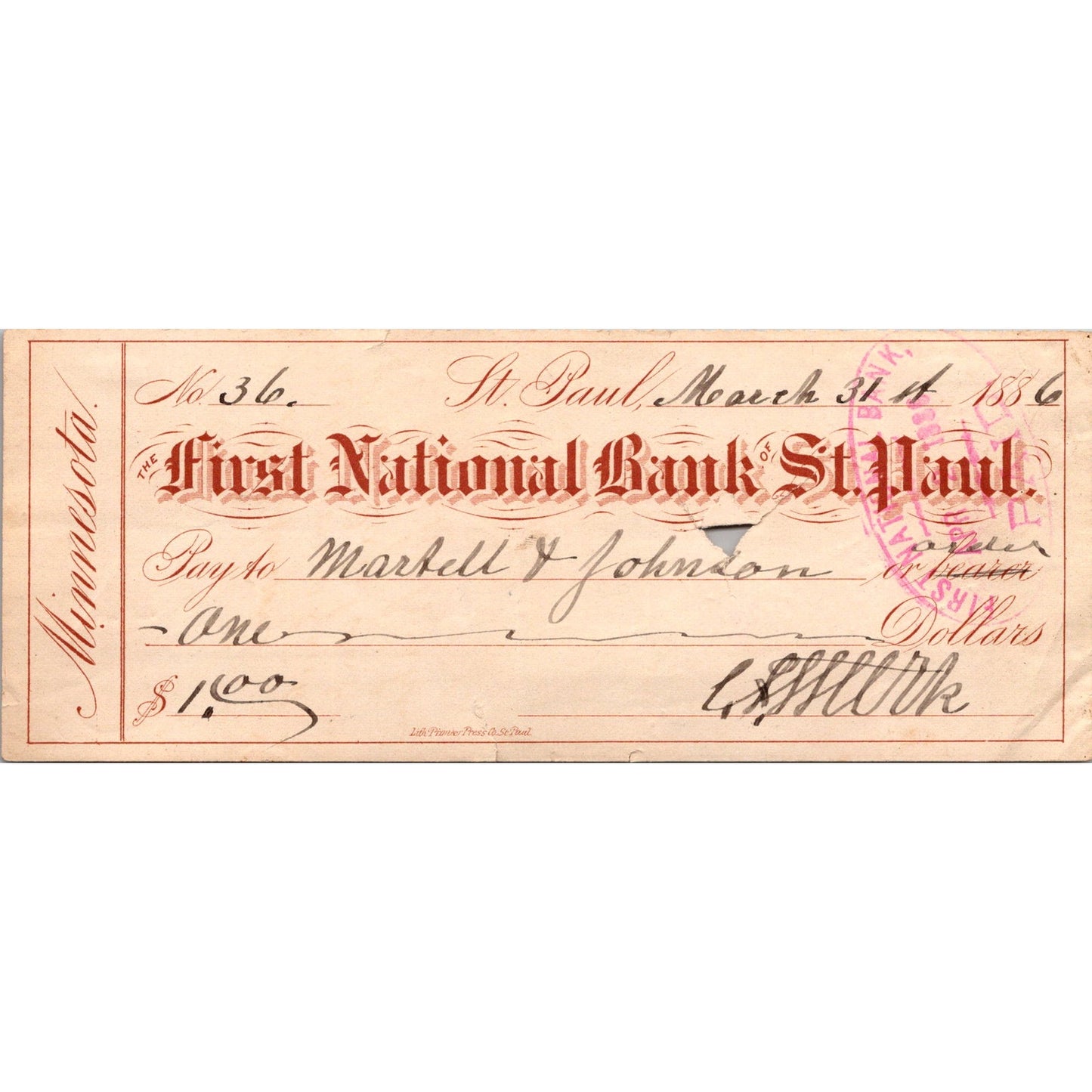 First National Bank of St. Paul Minnesota 1886 Bank Check Rush City Stamp AJ4-6