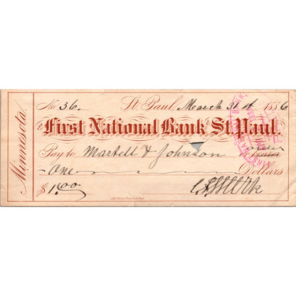 First National Bank of St. Paul Minnesota 1886 Bank Check Rush City Stamp AJ4-6