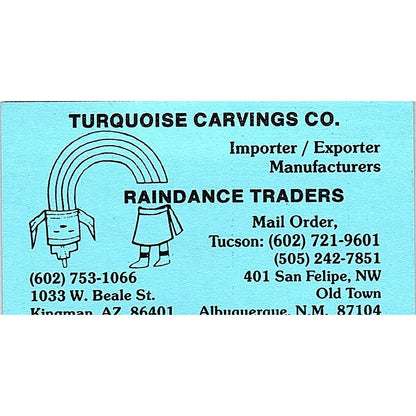 Turquoise Carving Co. Raindance Traders Kingman AZ Vintage Business Card SB4-B10