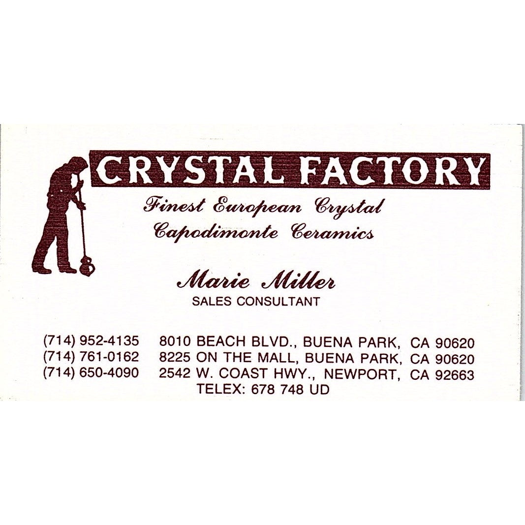 Crystal Factory Marie Miller Buena Park Newport Vintage Business Card SF3-B4