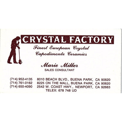 Crystal Factory Marie Miller Buena Park Newport Vintage Business Card SF3-B4