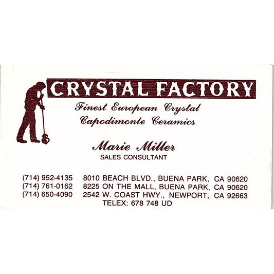 Crystal Factory Marie Miller Buena Park Newport Vintage Business Card SF3-B4