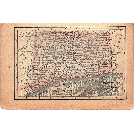 Antique 1889 Map of Connecticut 1889 Pocket Map Engraving SAG4-H3