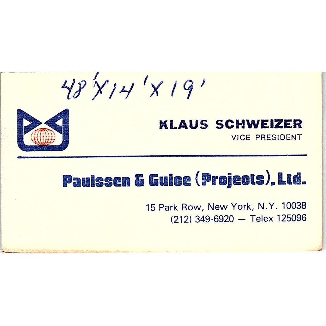 Klaus Schweizer NY Paulssen & Guice Projects Ltd Vintage Business Card SC9-B2