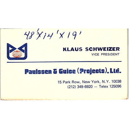 Klaus Schweizer NY Paulssen & Guice Projects Ltd Vintage Business Card SC9-B2