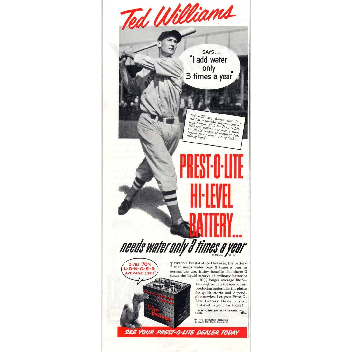Vintage Prest-o-lite Battery Ted Williams Red Sox MLB Baseball Ad 5x13" V1-1