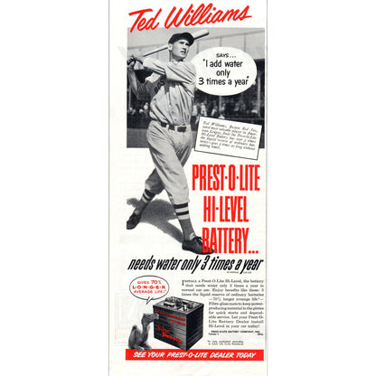 Vintage Prest-o-lite Battery Ted Williams Red Sox MLB Baseball Ad 5x13" V1-1