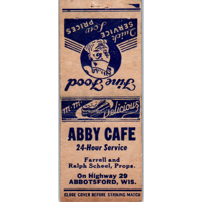 Abby Cafe Farrell & Ralph Scheel Abbotsford WI Vintage Matchbook Cover SD2-Y12