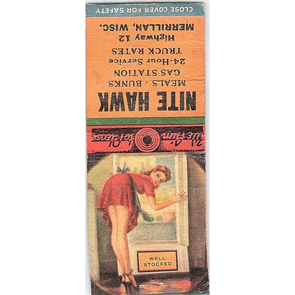Nite Hawk Gas Station Truck Stop Merrillan WI Pinup Vtg Matchbook Cover SC7-Y7