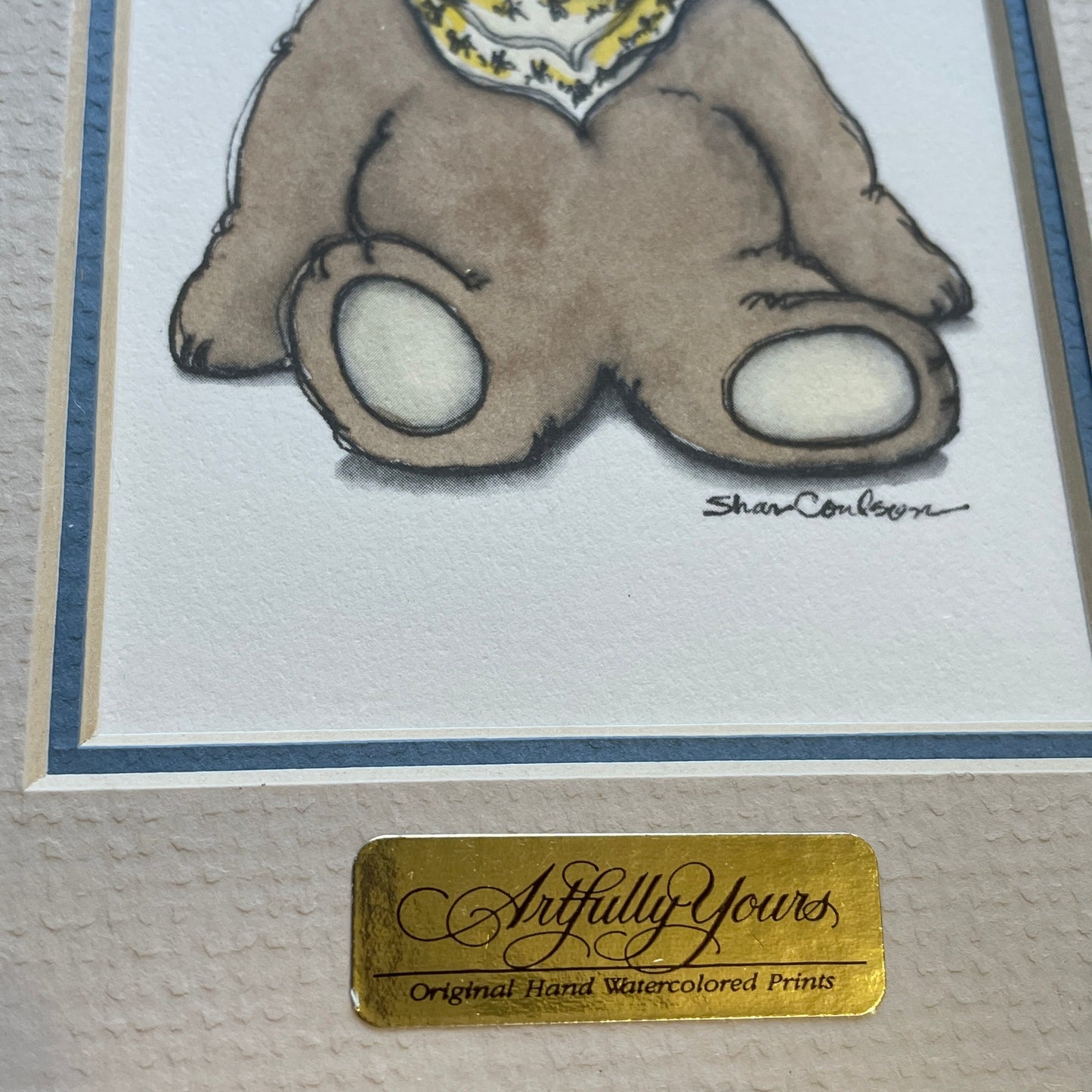 Teddy Bear Yellow Accents 5x7 Matted Print Hand Watercolor, Signed Shar Coulson