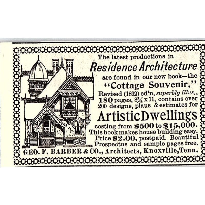 Geo. F. Barber & Co Architects Residence Architecture Knoxville 1892 Ad AG2-S26