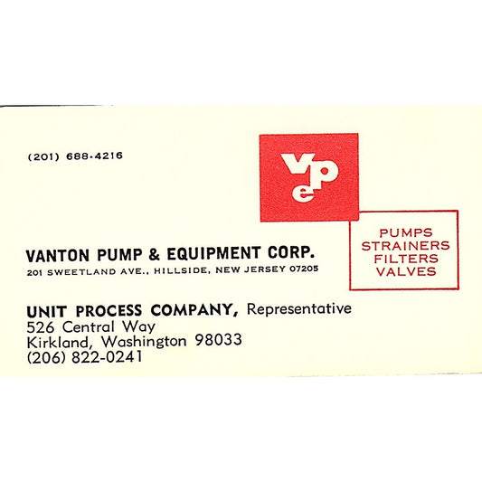 Vanton Pump & Equipment Corp. Unit Process Company Kirkland WA Card SSB4-B13