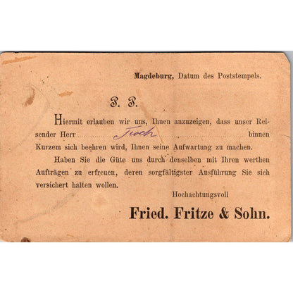 Fried. Fritze & Sohn Magdeburg 1887 German Reich Postcard P5-12