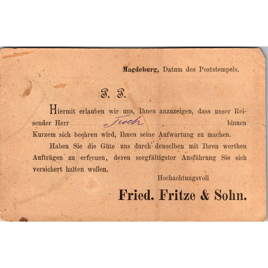 Fried. Fritze & Sohn Magdeburg 1887 German Reich Postcard P5-12