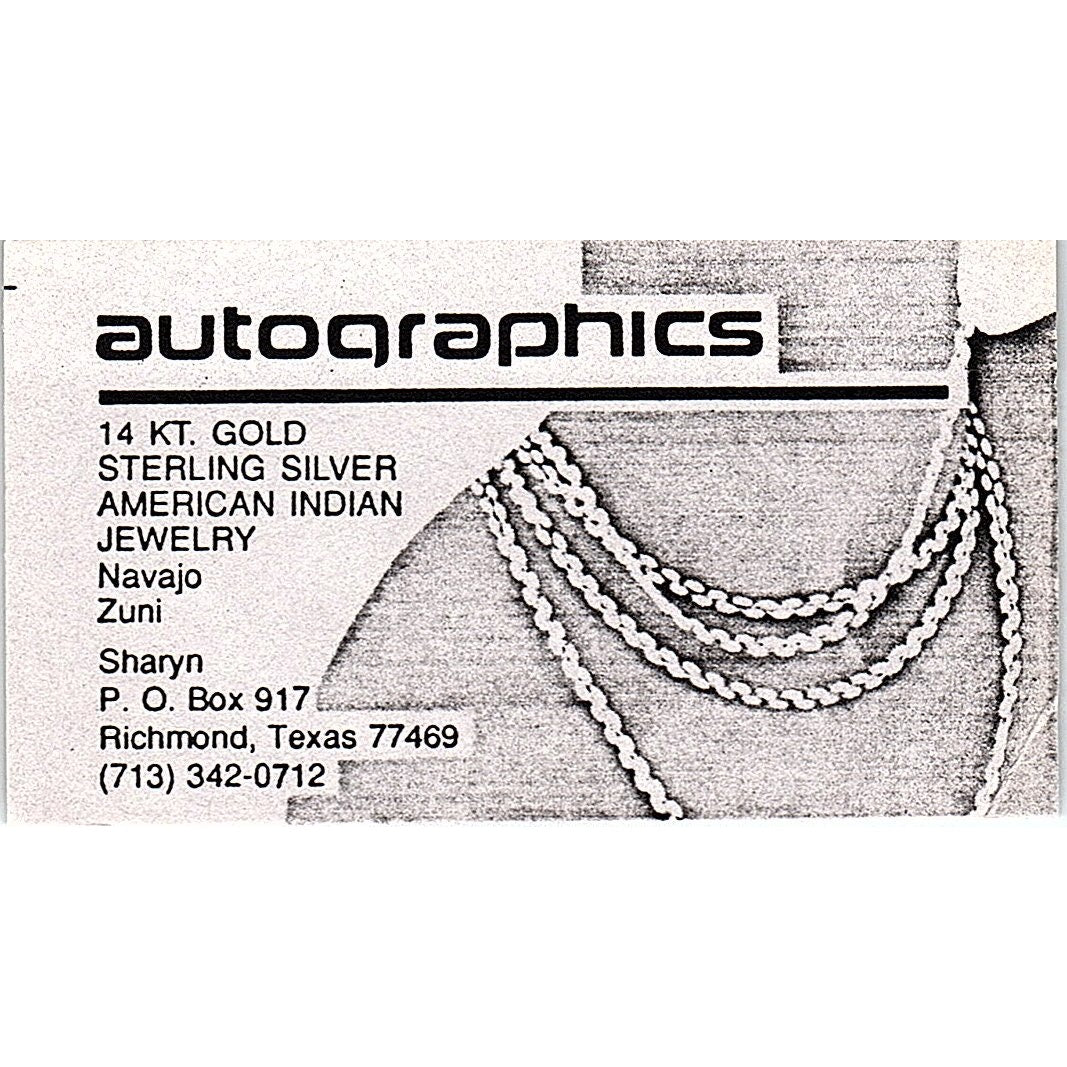 Autographics Jewelry Sharyn Richmond TX Vintage Business Card SD9-B14