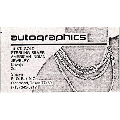 Autographics Jewelry Sharyn Richmond TX Vintage Business Card SD9-B14