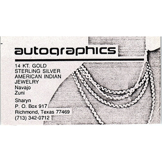 Autographics Jewelry Sharyn Richmond TX Vintage Business Card SD9-B14