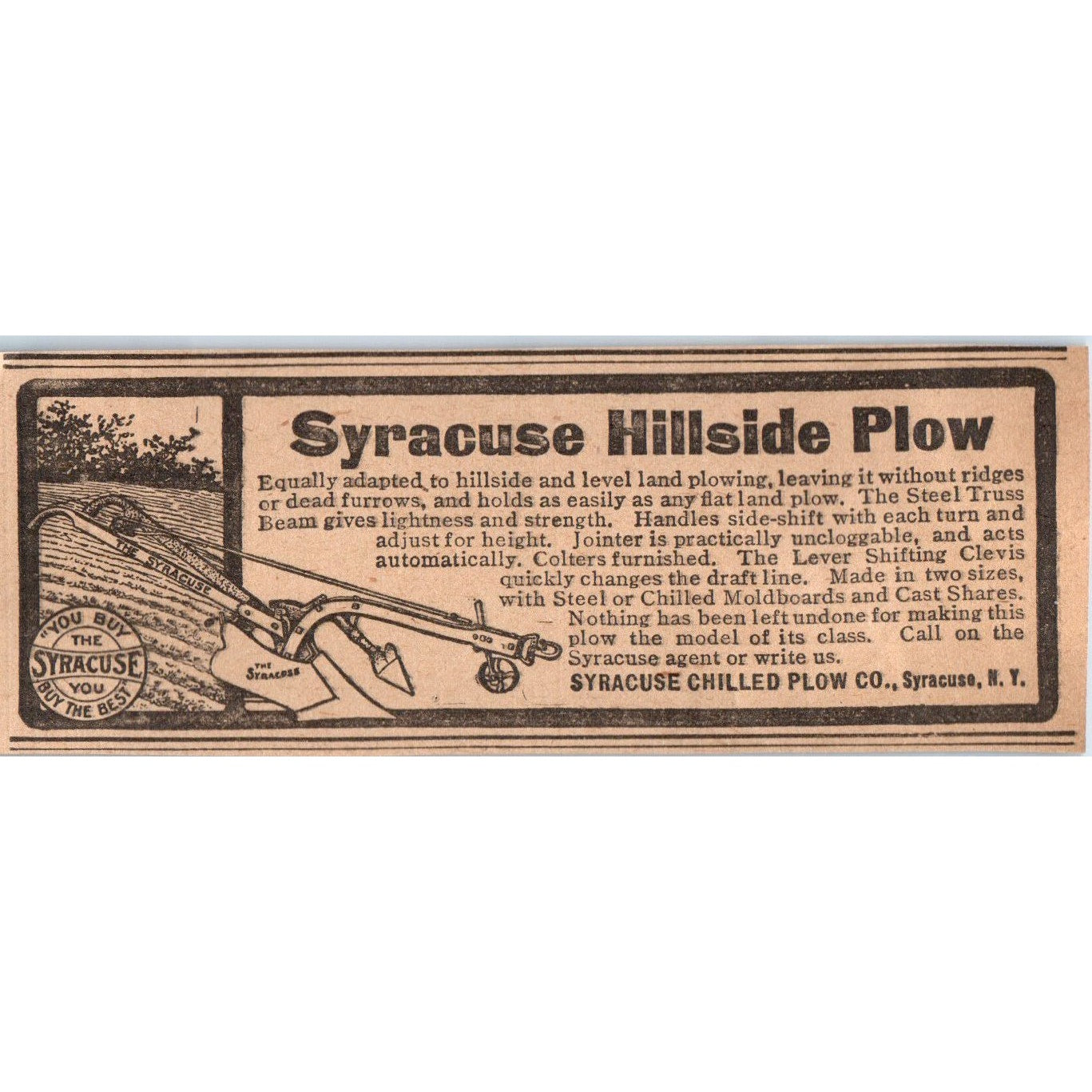 Syracuse Chilled Plow Co Hillside Plow Syracuse NY 1905 Magazine Ad AF1-NH3