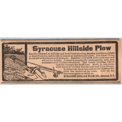 Syracuse Chilled Plow Co Hillside Plow Syracuse NY 1905 Magazine Ad AF1-NH3