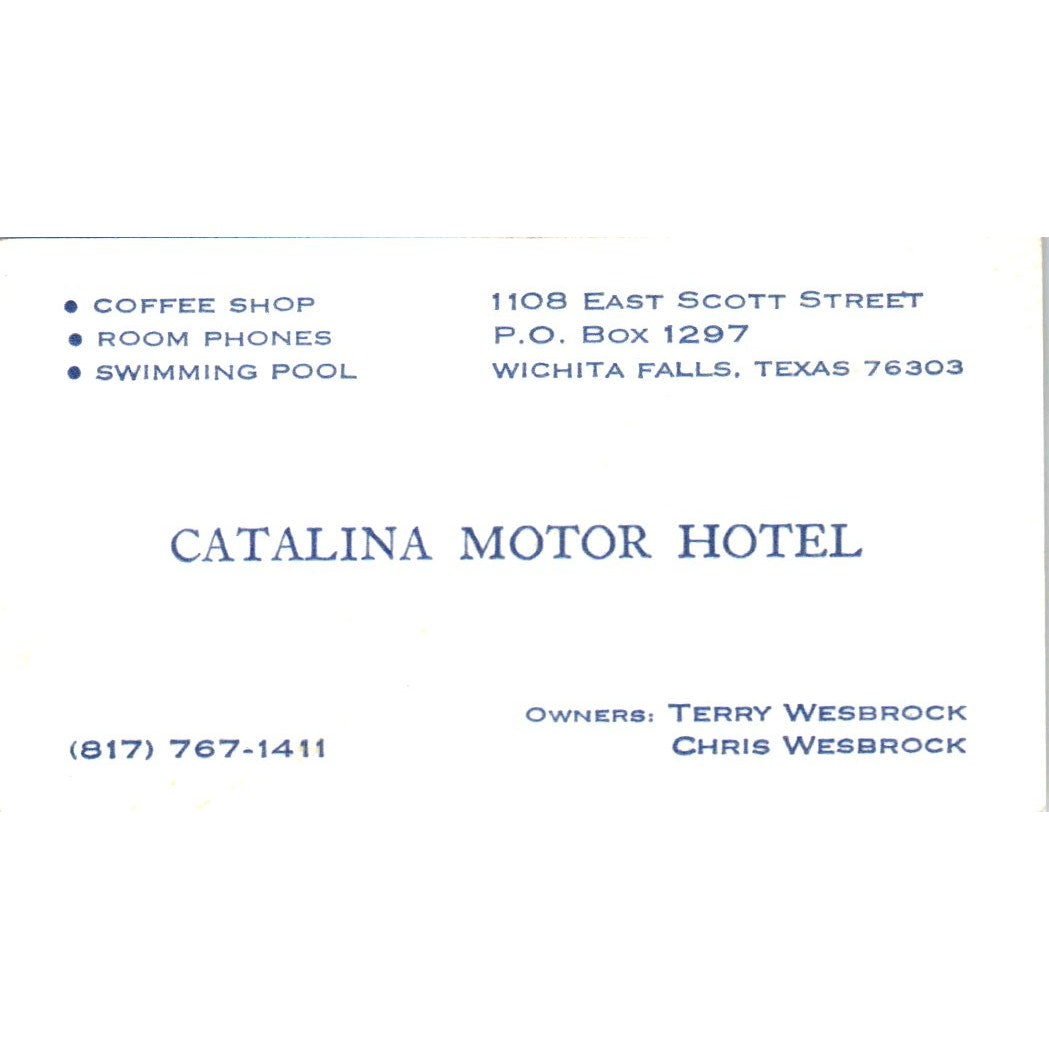 Catalina Motor Hotel Terry Chris Wesbrock Wichita Falls TX Business Card SD8-B22