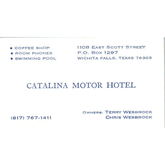 Catalina Motor Hotel Terry Chris Wesbrock Wichita Falls TX Business Card SD8-B22