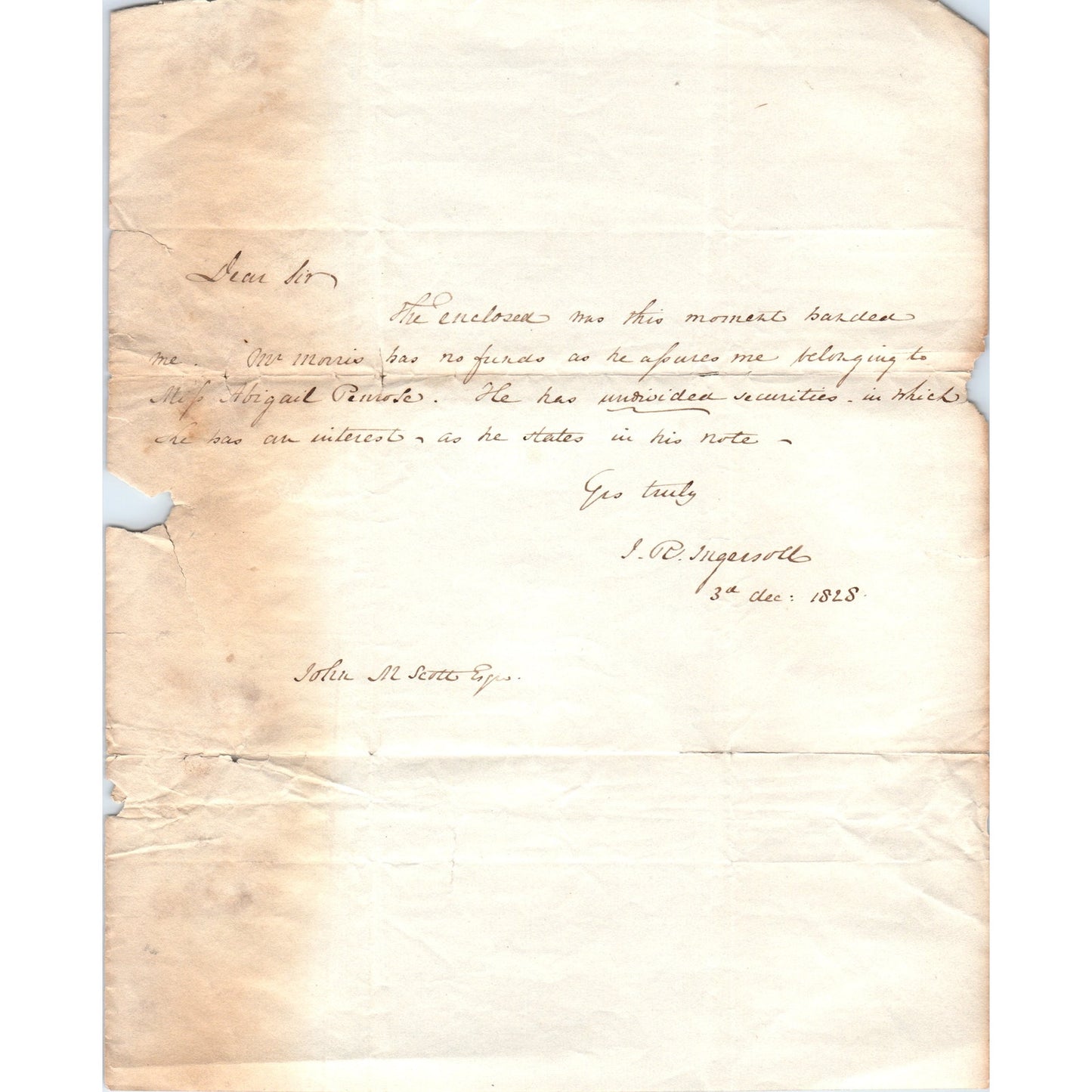 1818 Original Handwritten Letter J.R. Ingersoll - John M. Scott Esq Ad D18