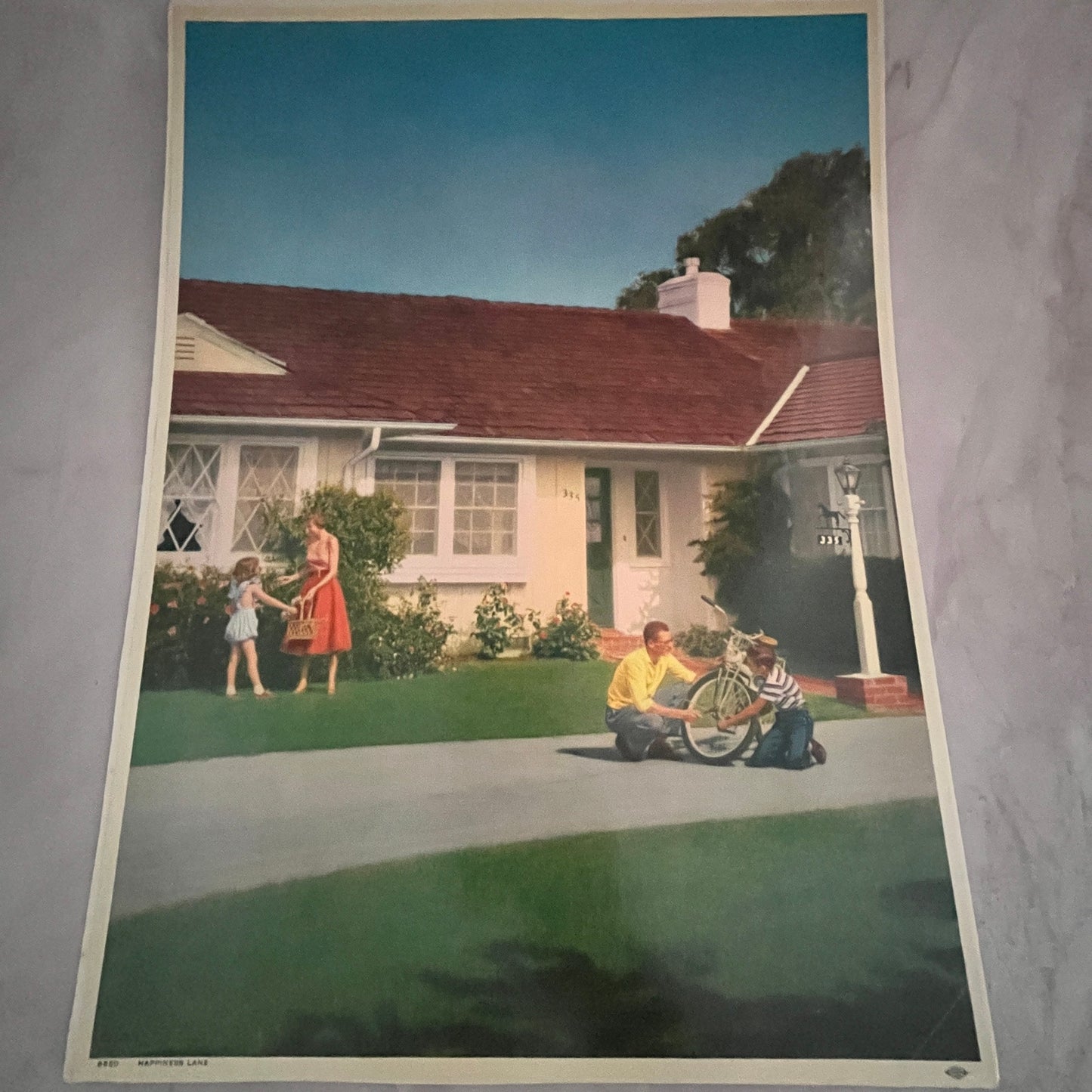 1950s Retro Kitsch American Family Scene Fixing Bicycle 12x16" Art Print FL1