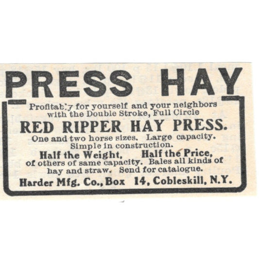 Red Ripper Hay Press Harder Mfg Co Cobleskill NY 1905 Magazine Ad AF1-NES2