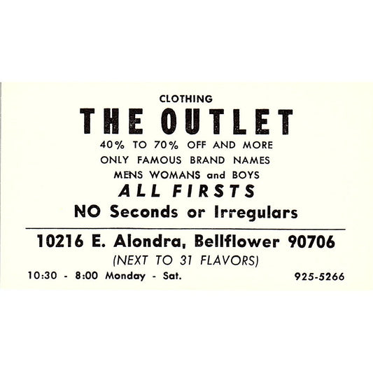 The Outlet Clothing 10216 E. Alondra Bellflower CA Vintage Business Card SE5-B5