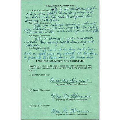 1957-58 Fresno City Schools Fresno CA Report Card Jeffrey Kormos Grade 6 AB9