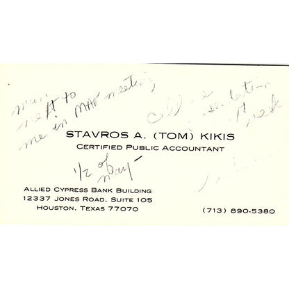 Stavros A. Tom Kikis CPA Houston Vintage Business Card SD9-B1