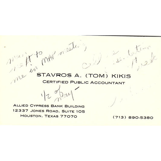 Stavros A. Tom Kikis CPA Houston Vintage Business Card SD9-B1