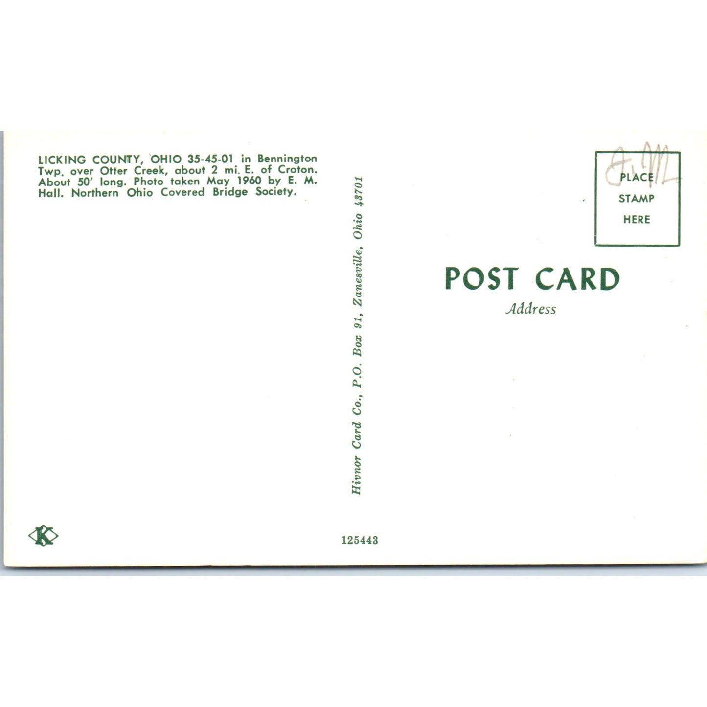 Licking County Otter Creek Bennington Twp Ohio Covered Bridge Postcard PC2