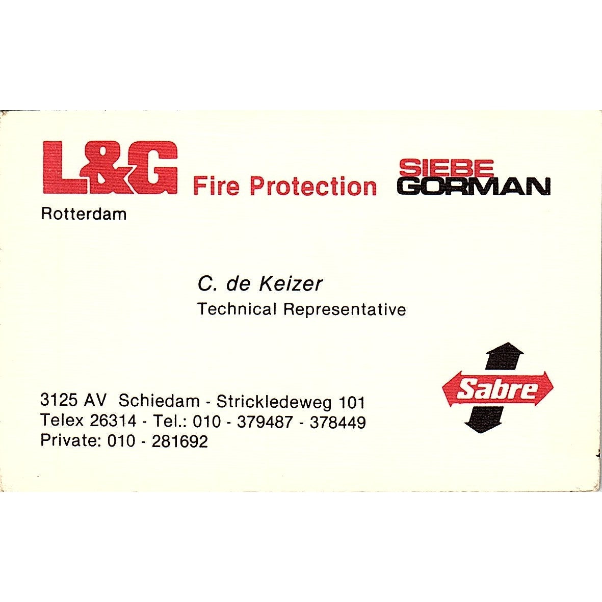 L&G Fire Protection Siebe Gorman C. de Keizer Rotterdam Vtg Business Card TH2-B1
