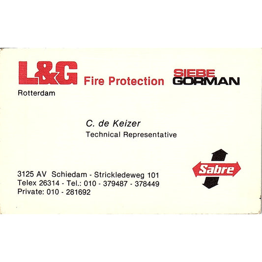 L&G Fire Protection Siebe Gorman C. de Keizer Rotterdam Vtg Business Card TH2-B1