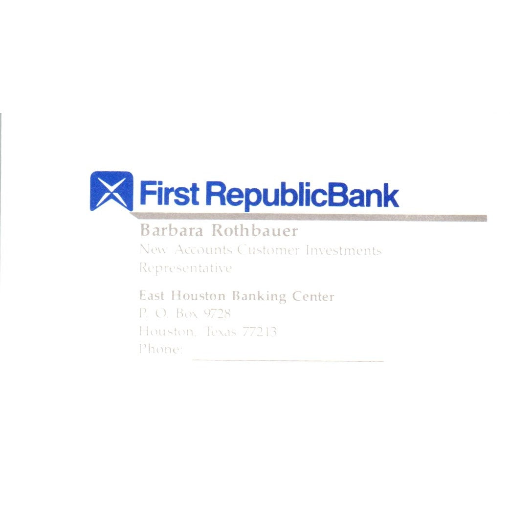 Barbara Rothbauer First Republic Bank Houston TX Vintage Business Card SE3-B8