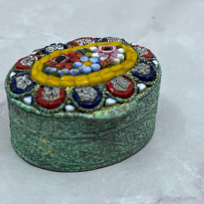 Vtg Italian Murano Glass Micro Mosaic Filigree Gold Tone Pill Box Organizer SC1