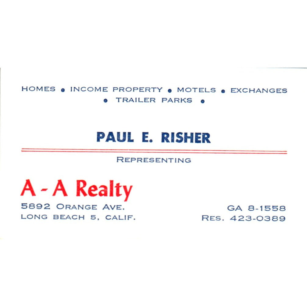 Paul E. Risher A-A Realty Long Beach CA Vintage Business Card SD8-B1