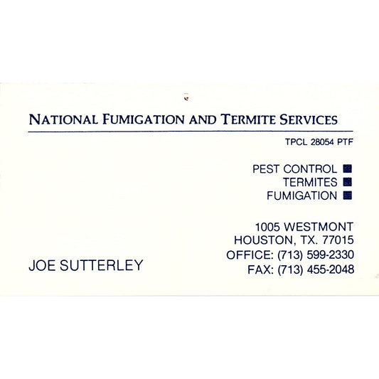 Joe Sutterley National Fumigation Termite Services Houston Business Card SD9-B14