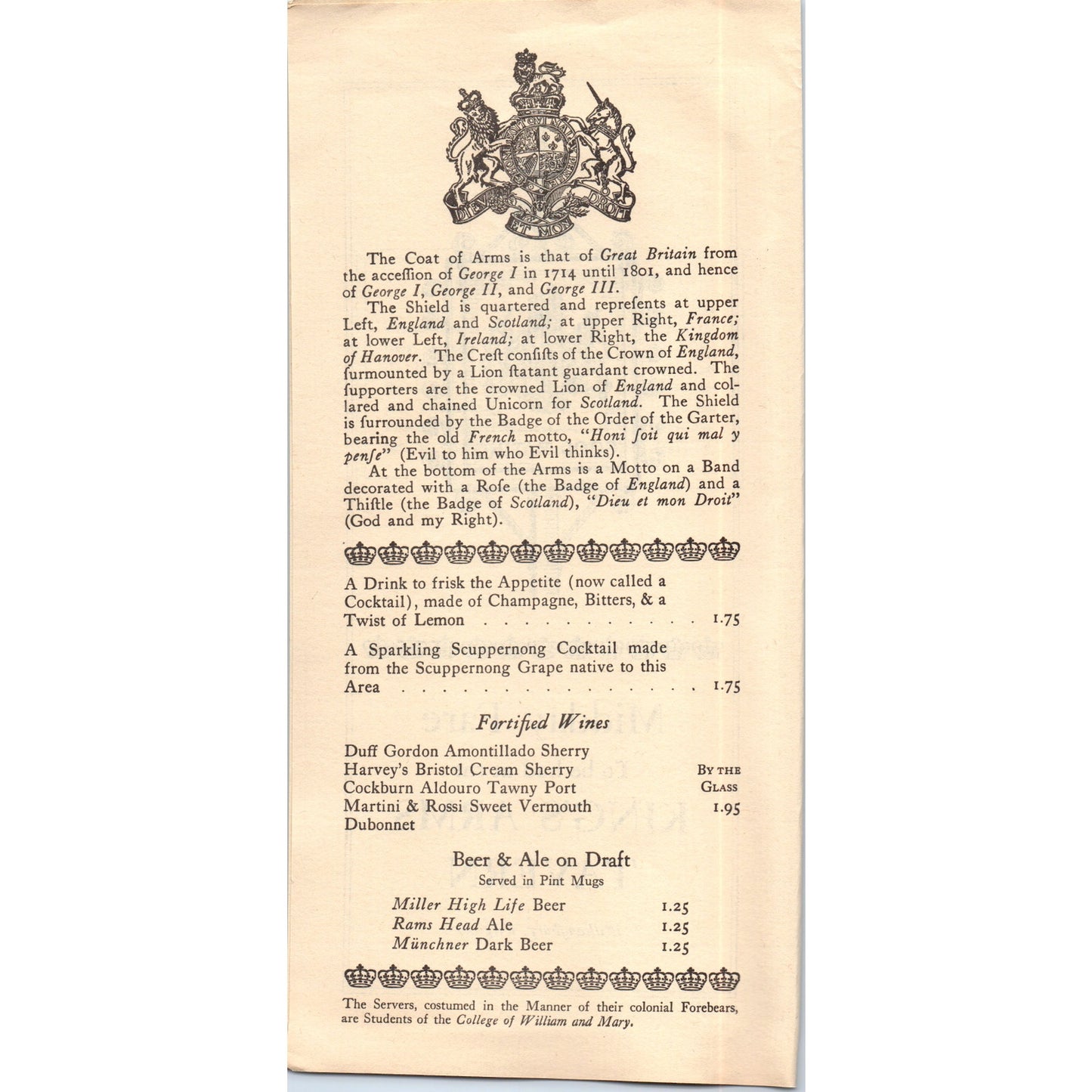 1976 Midday Fare to be had at the King's Arms Tavern Williamsburg VA Menu TF4-BD