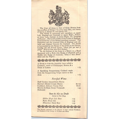 1976 Midday Fare to be had at the King's Arms Tavern Williamsburg VA Menu TF4-BD