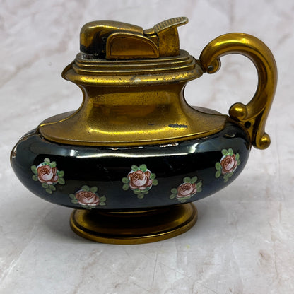 Vintage Evans Brass Black Enamel Floral Teapot Style Table Lighter TL6
