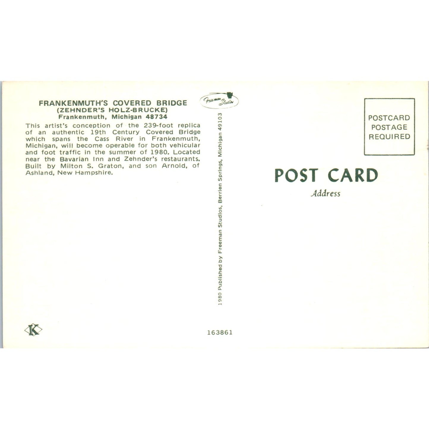 Frankenmuth's Bridge Zehnder's Holz-Brucke MI Covered Bridge Postcard PB11