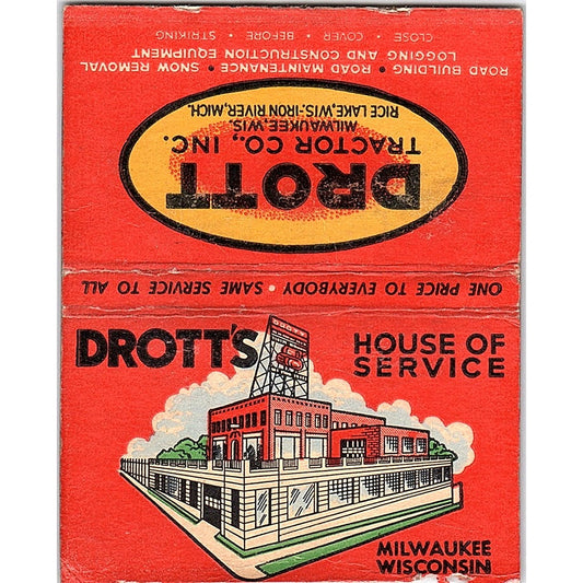 Drott Tractor Co Inc Milwaukee Rice Lake Iron River Large Matchbook Cover TH2-Y4