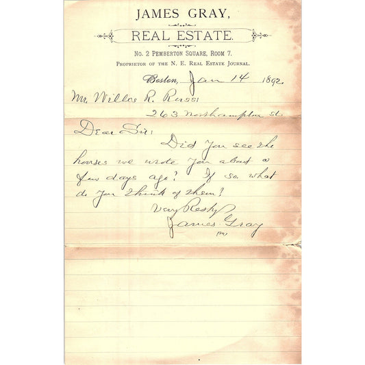 1892 Letterhead James Gray Real Estate No. 2 Pemberton Square Boston AF3-17