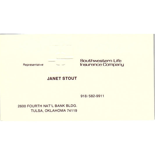Janet Stout Southwestern Life Ins Co Tulsa OK Vintage Business Card SD9-B9